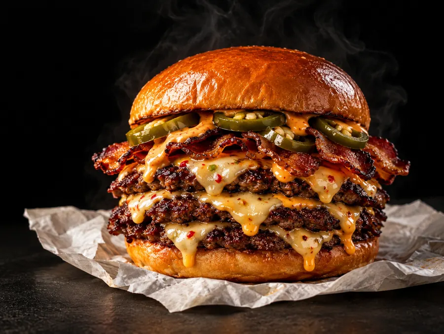 Triple smash burger con tocineta, jalapeños y mayo chipotle