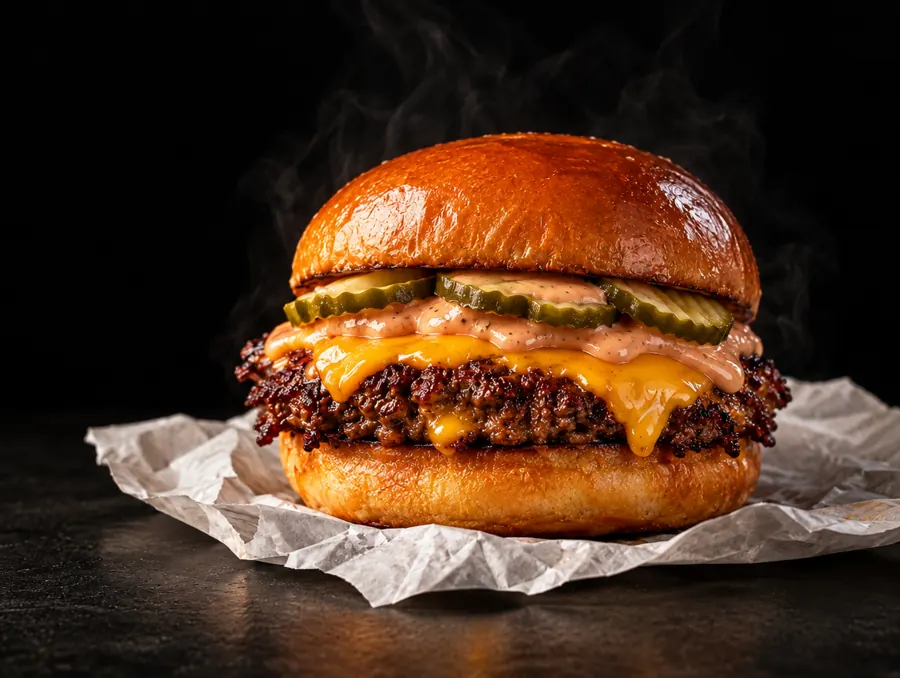 Smash burger sencilla con queso, pepinillos y salsa rosada
