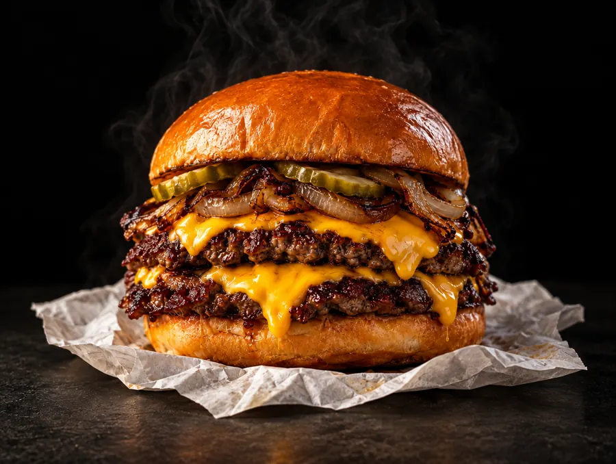 Doble smash burger con cebolla caramelizada y queso derretido
