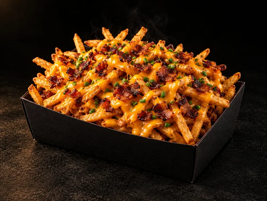 Papas fritas finas con salsa de queso y tocineta